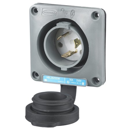 HUBBELL WIRING DEVICE-KELLEMS Locking Devices, Twist-Lock®, Watertight Safety-Shroud® Flanged Inlet, 30A, 250V AC, 2 Pole, 3 Wire Grounding, NEMA L6-30P Valox® housing and flange HBL2625SW